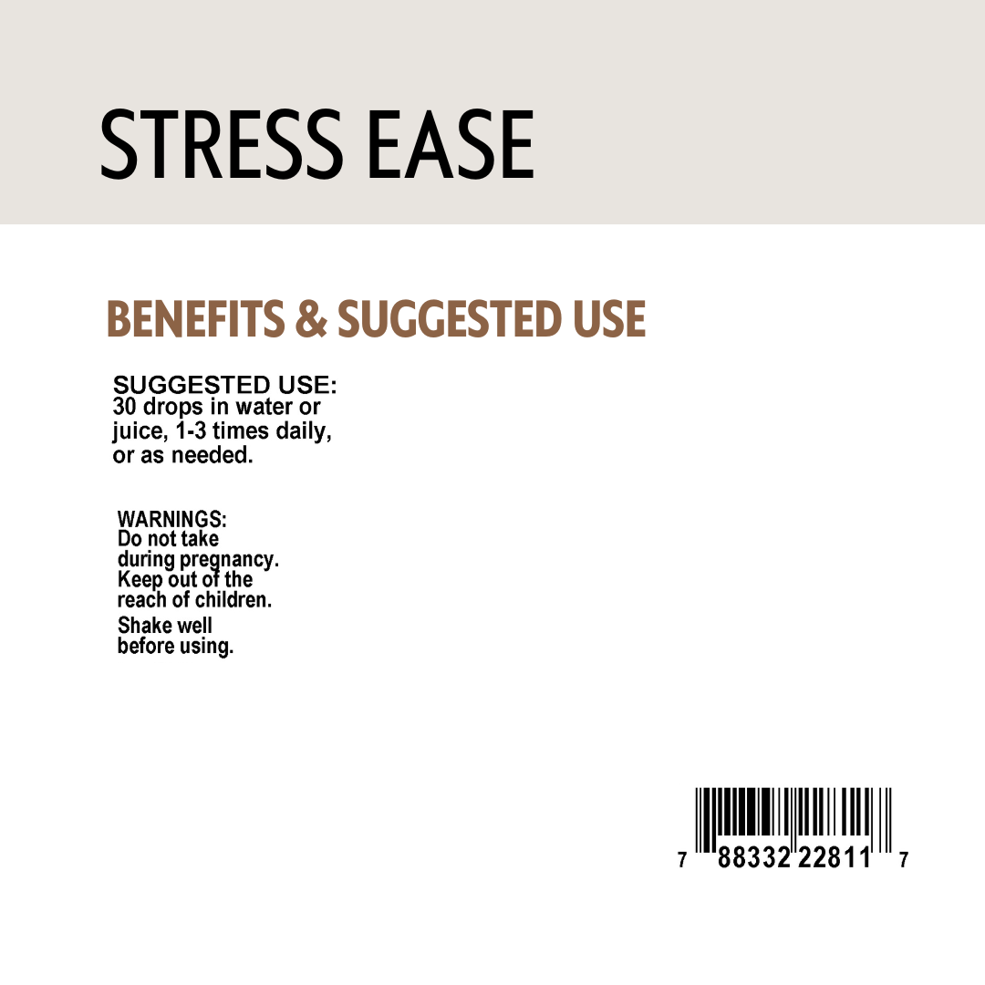 Product label for 'Stress Ease' with benefits, suggested use, barcode and warnings on a white background.