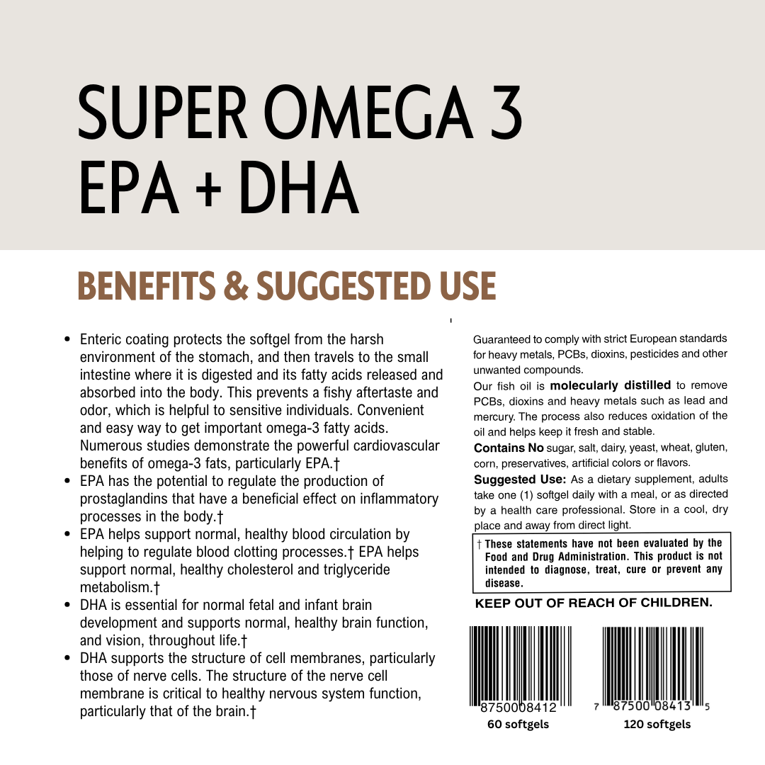 Back of a supplement bottle label for Super Omega 3 EPA + DHA with text on benefits and suggested use. Barcodes included.