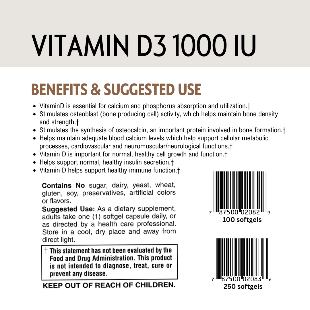 Vitamin D3 supplement label with text and barcode on a light gray background
