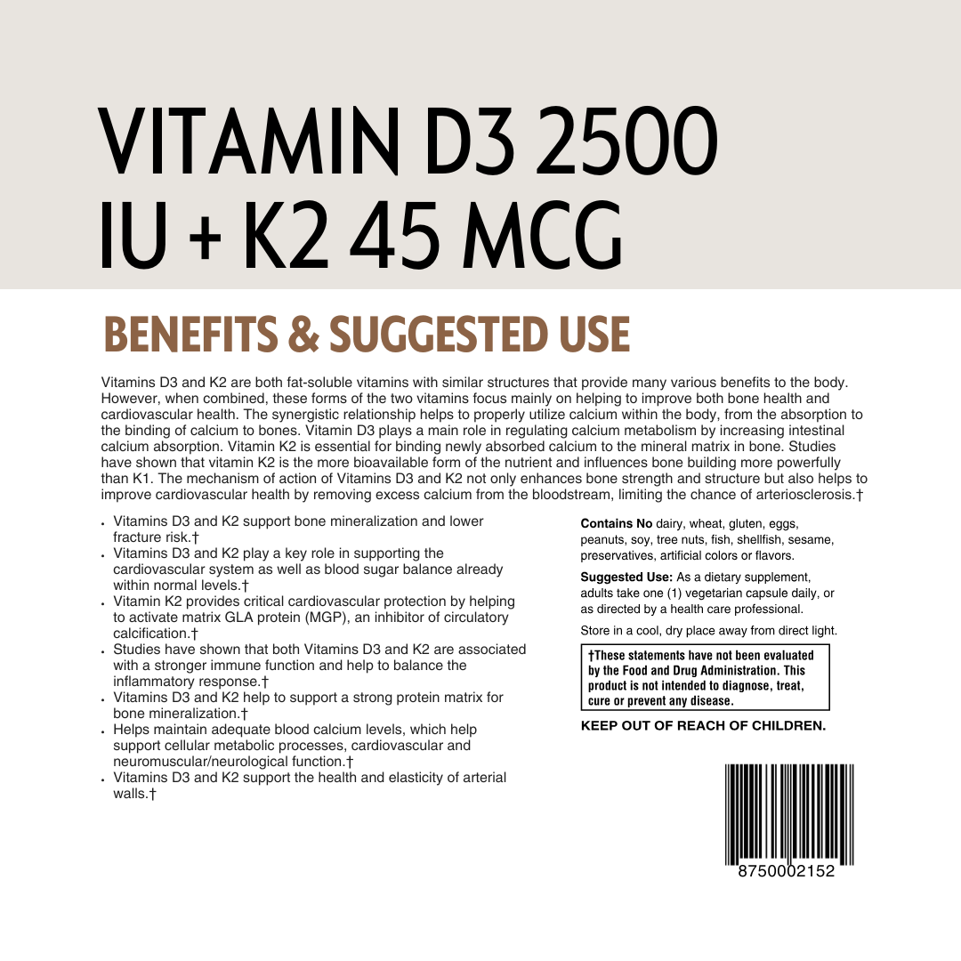 Vitamin D3 and K2 supplement label with text on benefits and usage and barcode.