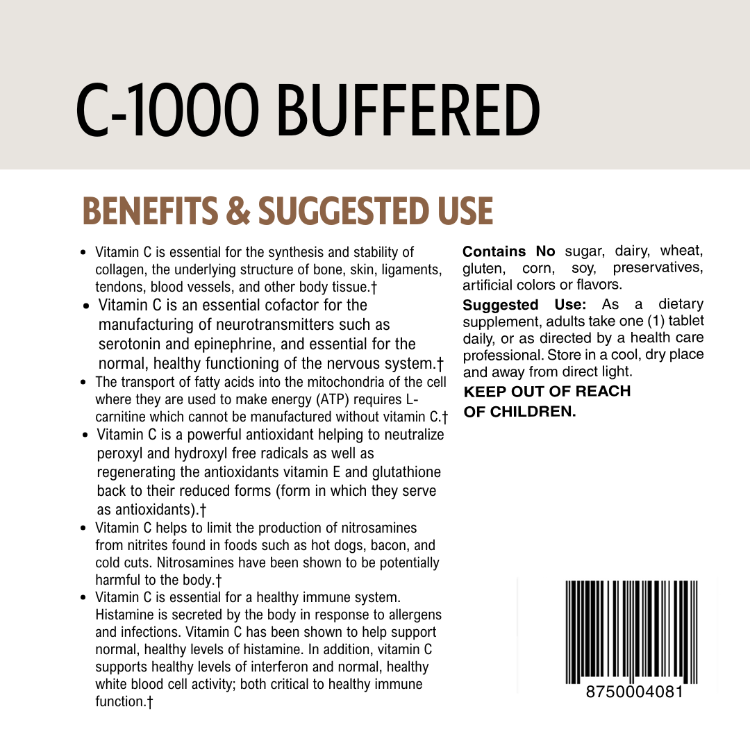 Back of a supplement package labeled 'C-1000 Buffered' with text detailing benefits and suggested use and a barcode.
