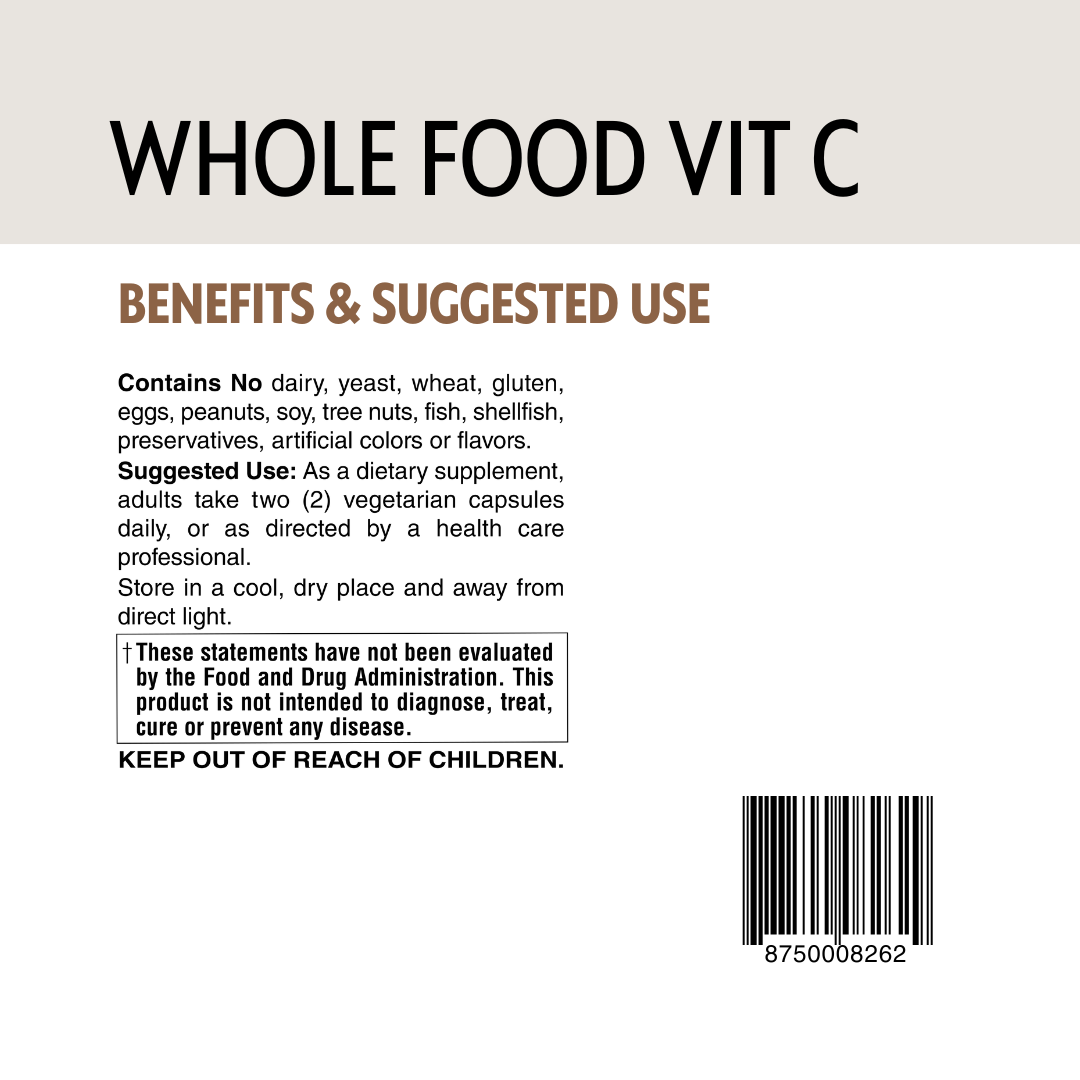 Supplement label for 'Whole Food Vit C' with benefits, suggested use, and product details.