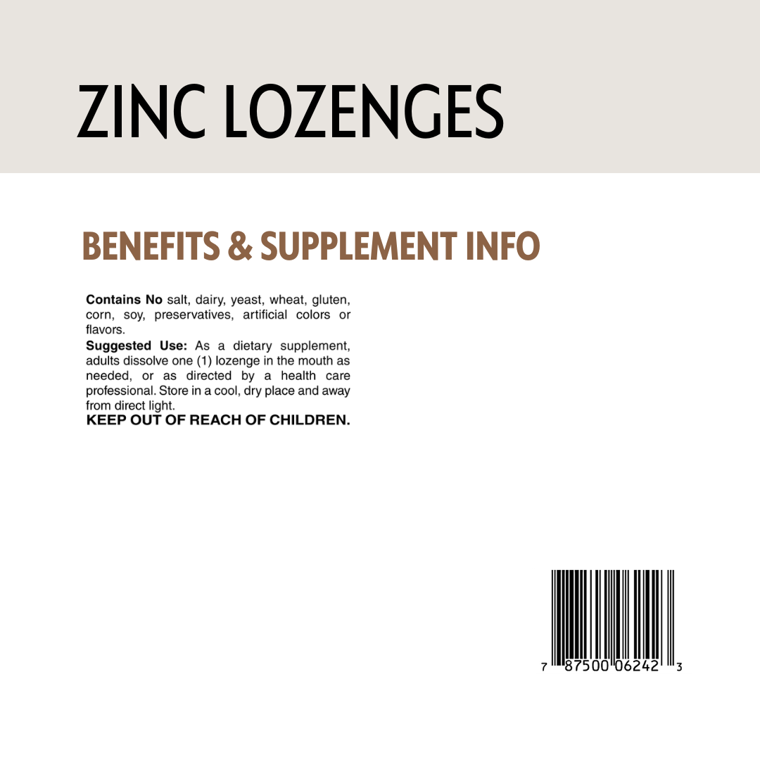 Zinc lozenges packaging with benefits and supplement information on a beige background.