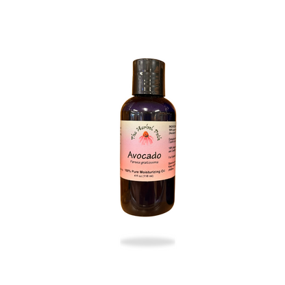 Bottle of avocado facial oil with a pink label on a white background.