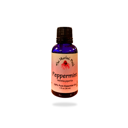 Bottle of peppermint essential oil with a label on a white background