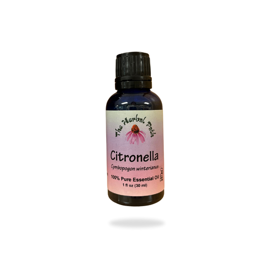 Bottle of Citronella essential oil with a pink label on a white background.