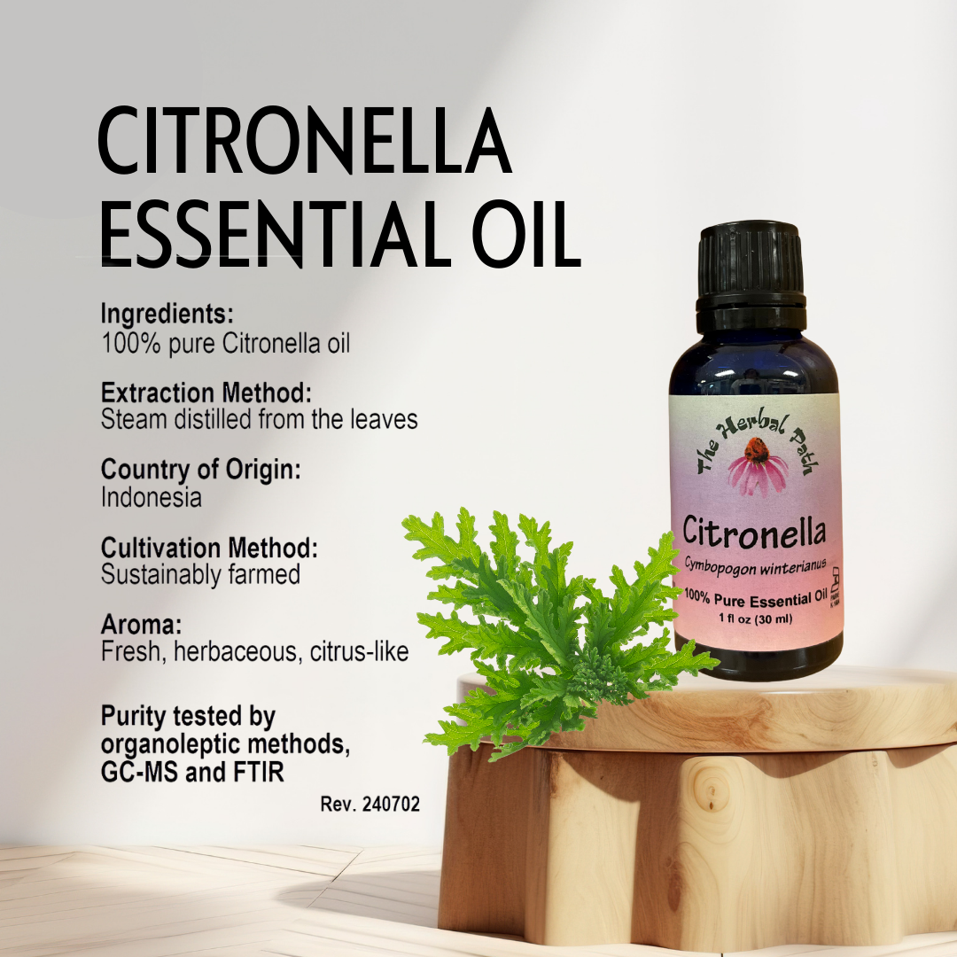 Citronella essential oil bottle with product details on a light background.