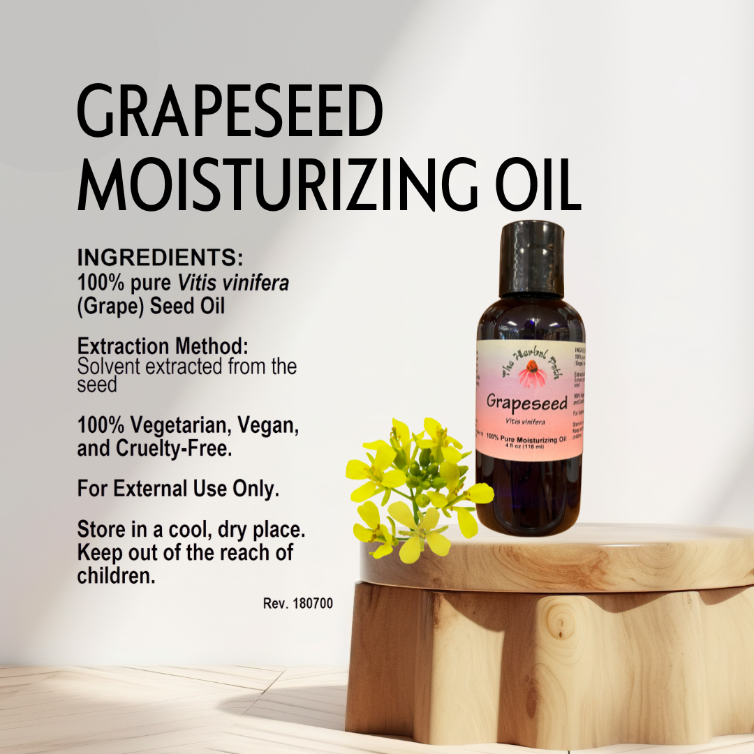 Grapeseed moisturizing oil bottle with product details on a light background.