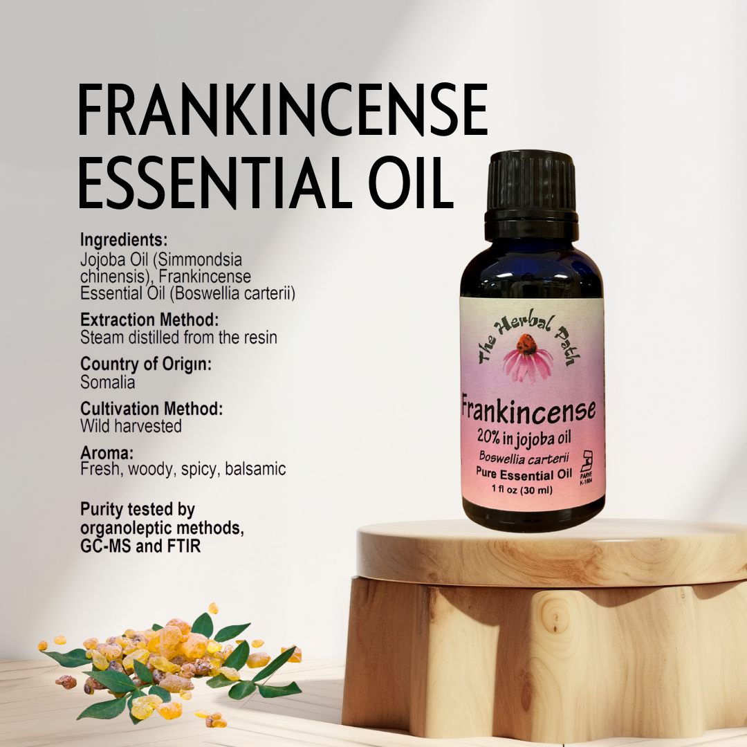 Frankincense essential oil bottle on a wooden stand with product details on a light gray background.