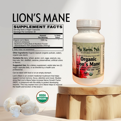 Supplement bottle labeled 'Lion's Mane' with supplement facts on a light background.