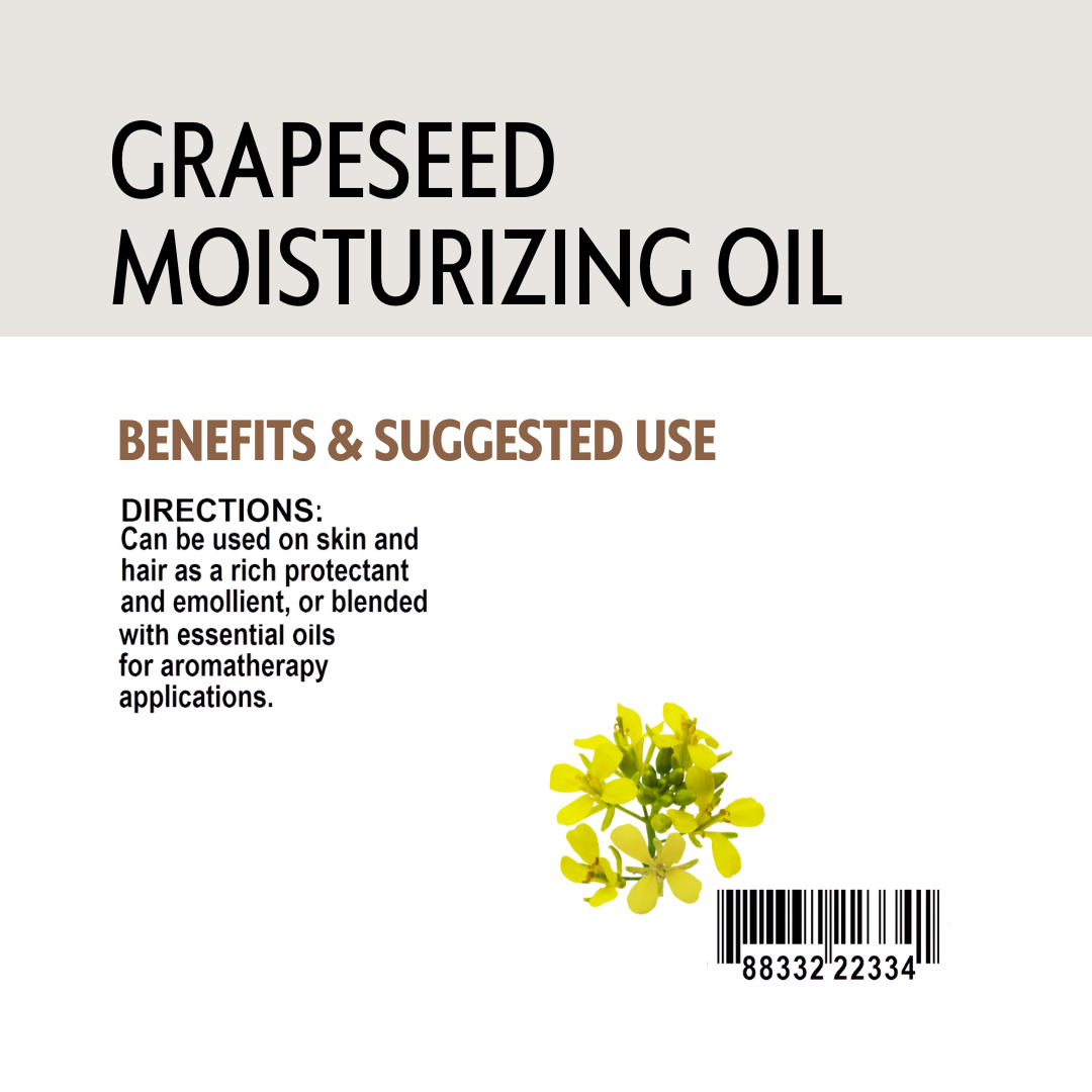 Grapeseed moisturizing oil label with text and a small grapeseed flower illustration.
