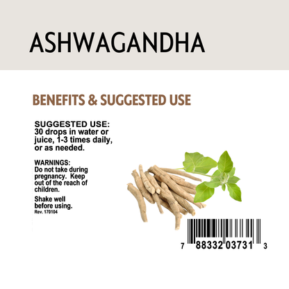 Label for Ashwagandha with benefits, suggested use, and a barcode on a white background