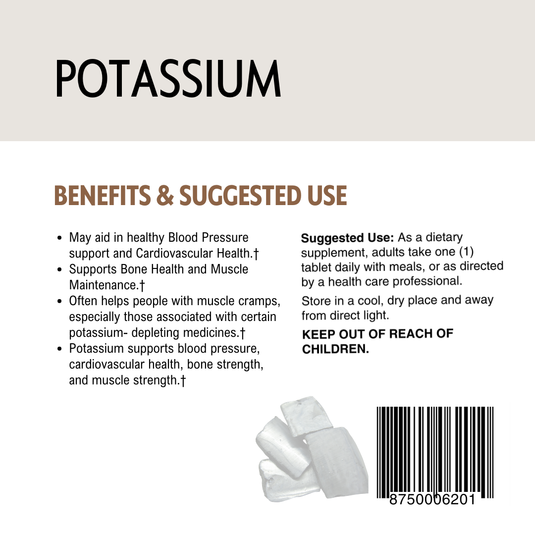 Supplement label for potassium with benefits, barcode and suggested use on a beige background.
