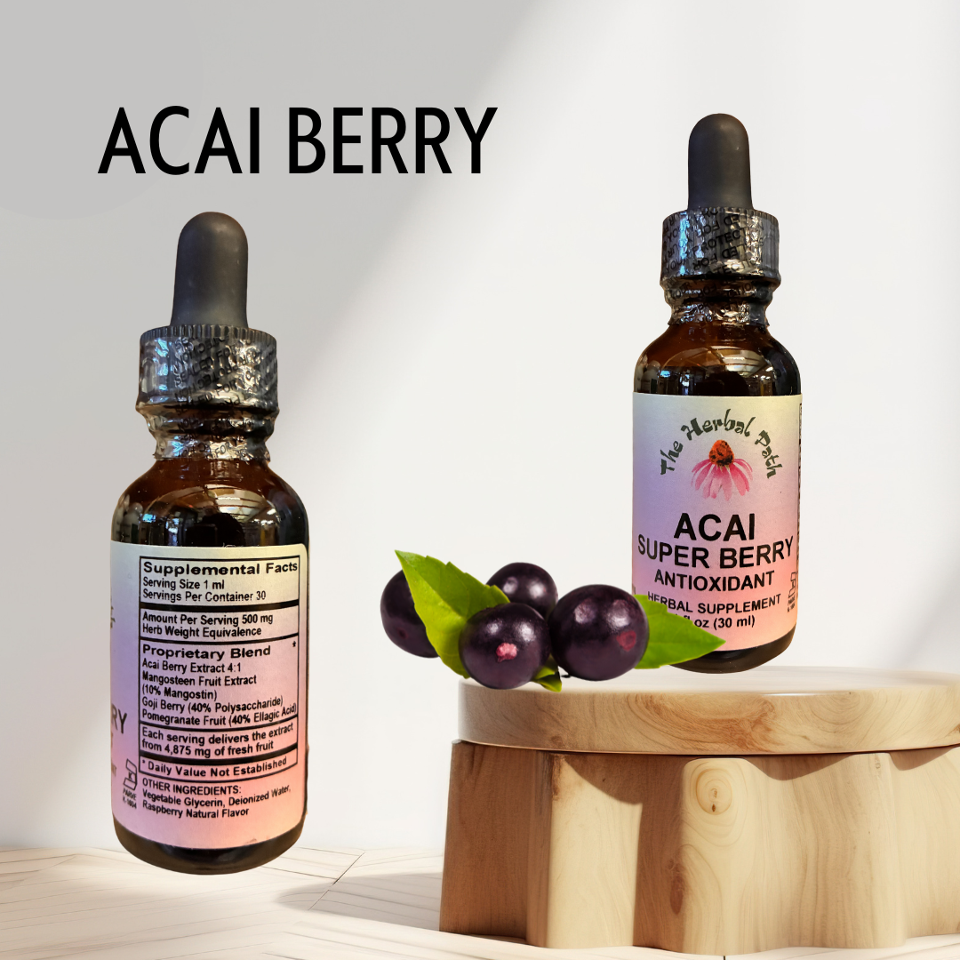 Two Acai berry supplement bottles with droppers on a wooden stand against a white background.
