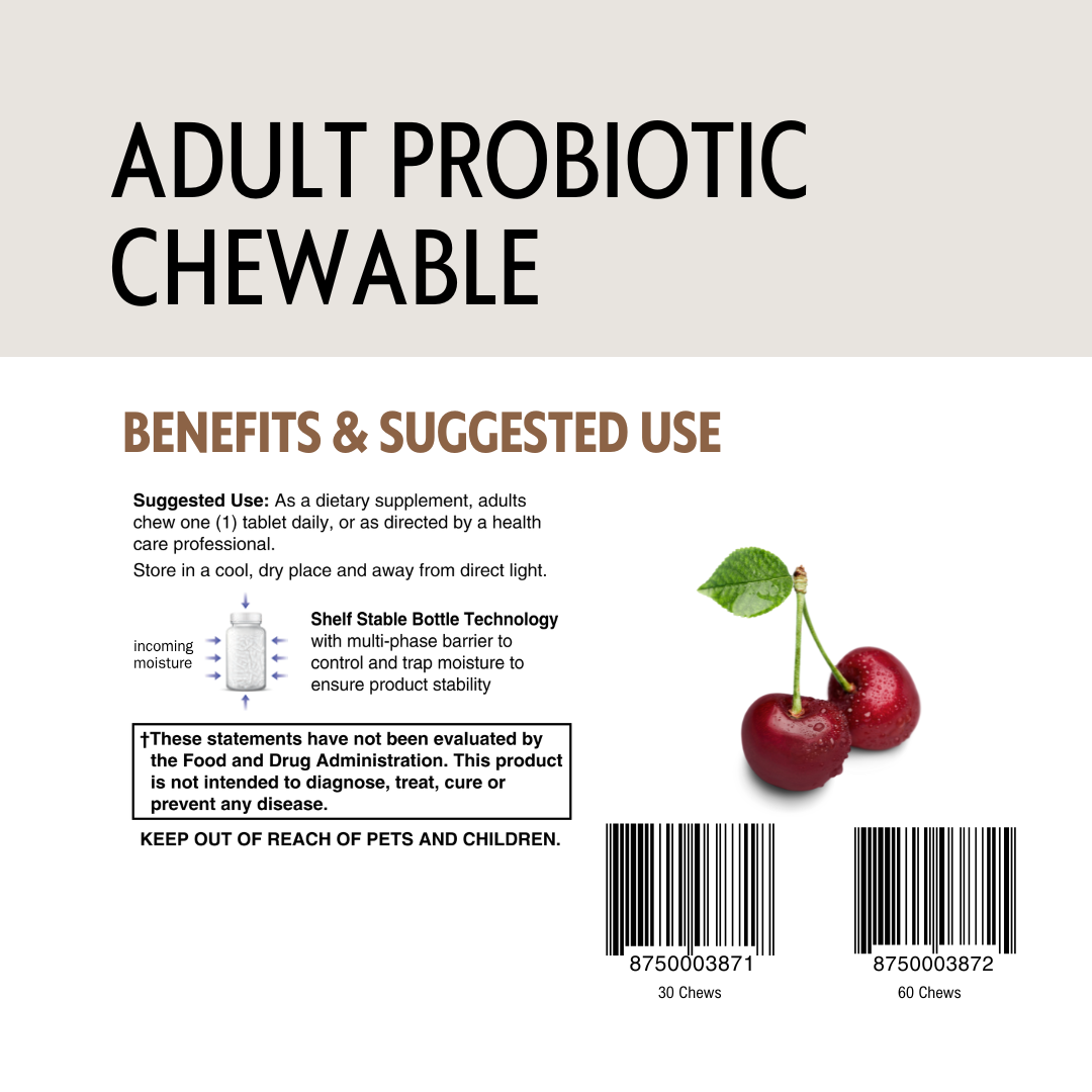 Label for adult probiotic chewables with cherries and text on a beige background.
