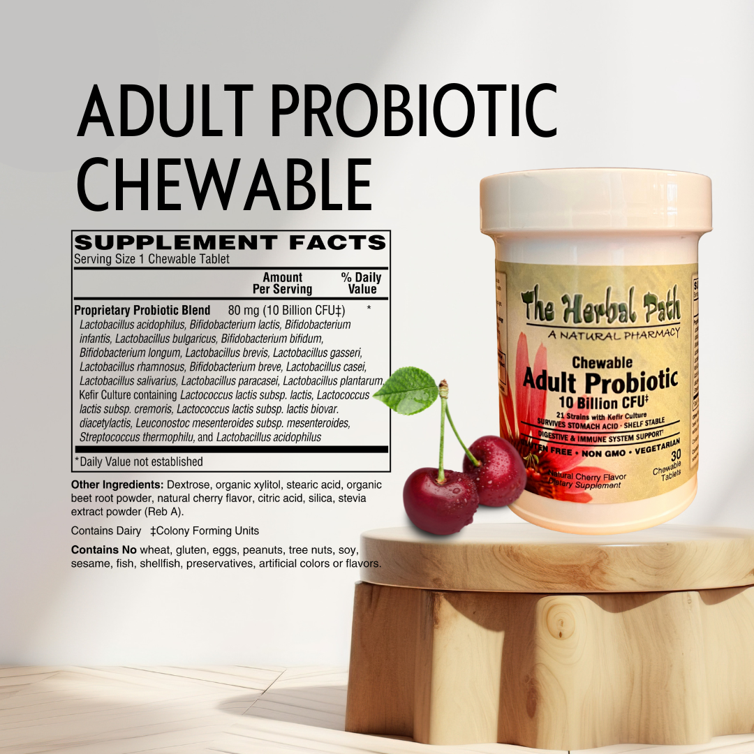 Container of Adult Probiotic Chewable supplement with cherries on a wooden stand.