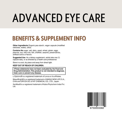 Back of a supplement package with 'Advanced Eye Care' text and benefits information.