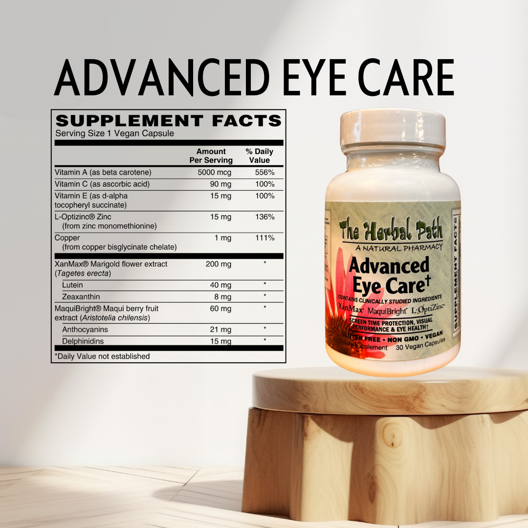 Supplement bottle labeled 'Advanced Eye Care' with supplement facts on a light background.