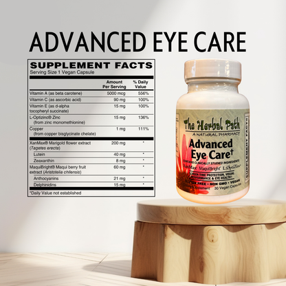 Supplement bottle labeled 'Advanced Eye Care' with supplement facts on a light background.