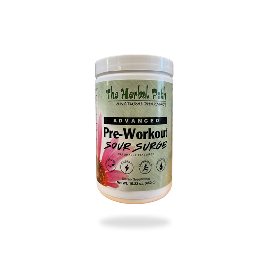 Pre-workout supplement container with 'The Herbal Path' branding on a white background