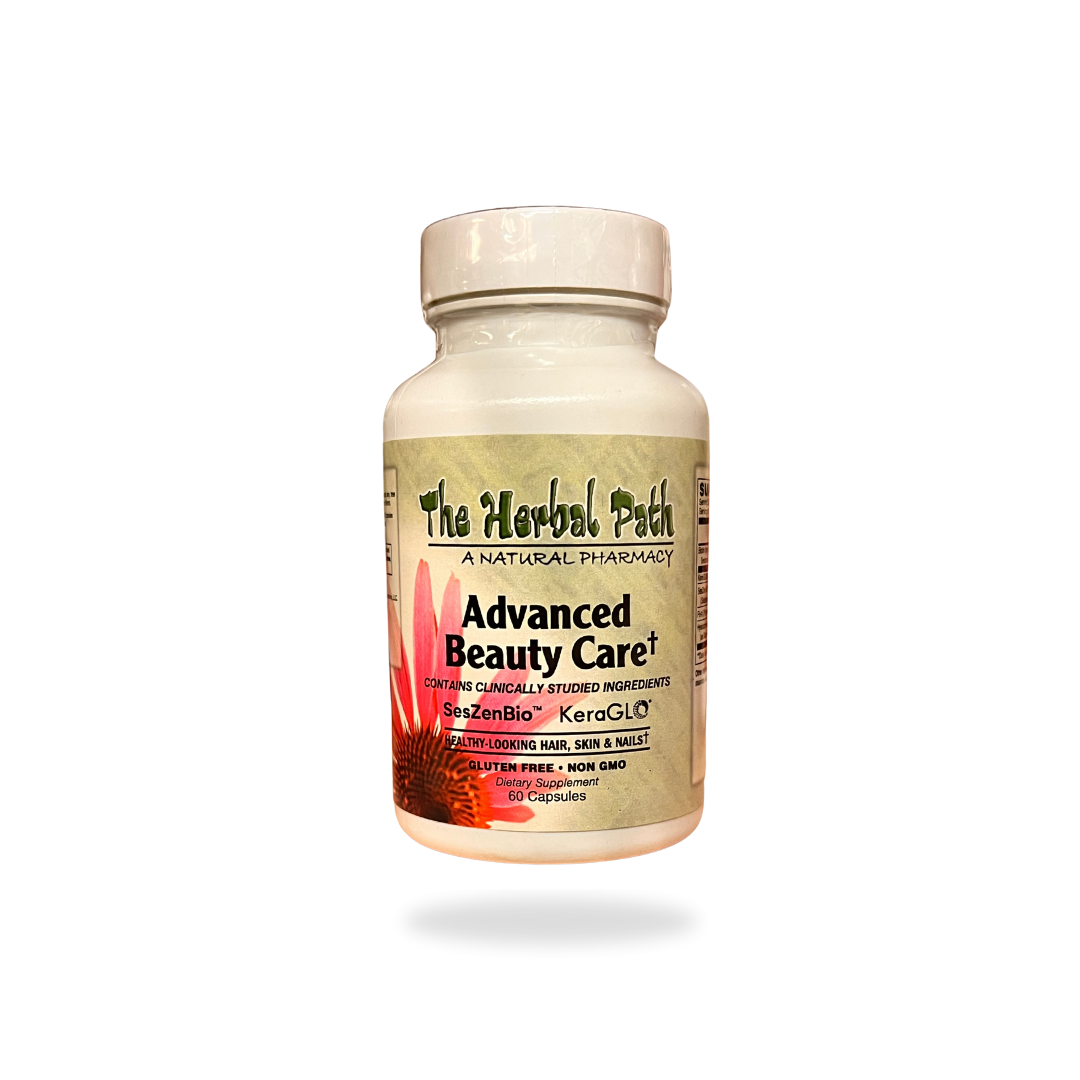 Bottle of 'The Herbal Path' Advanced Beauty Care capsules.