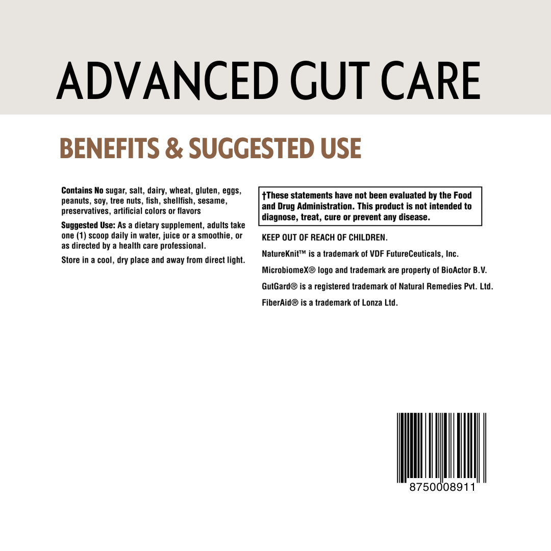 Back of a supplement package with 'Advanced Gut Care' text and product details.