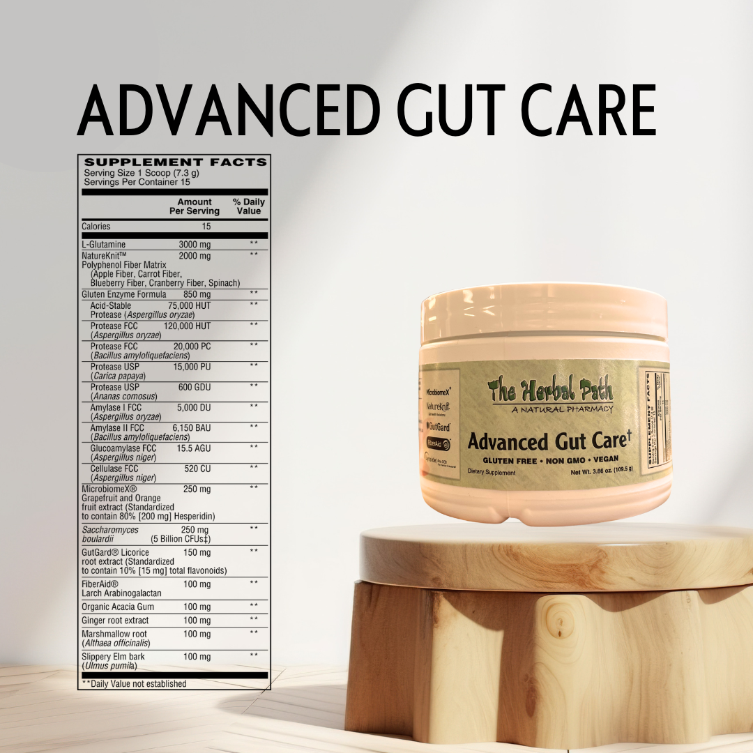 Jar of 'Advanced Gut Care' supplement on a wooden stand with supplement facts label.