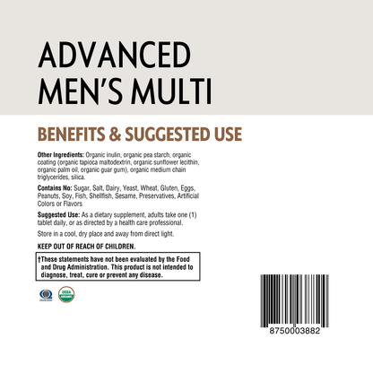 Back label of a supplement package for 'Advanced Men's Multi' with text and a barcode.