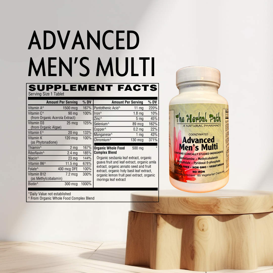 Supplement bottle labeled 'Advanced Men's Multi' with supplement facts on a white background