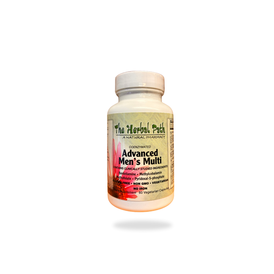 Bottle of 'Advanced Men's Multi' supplement from 'The Herbal Path' on a white background