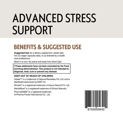 Supplement label for 'Advanced Stress Support' with benefits, suggested use, and product details.