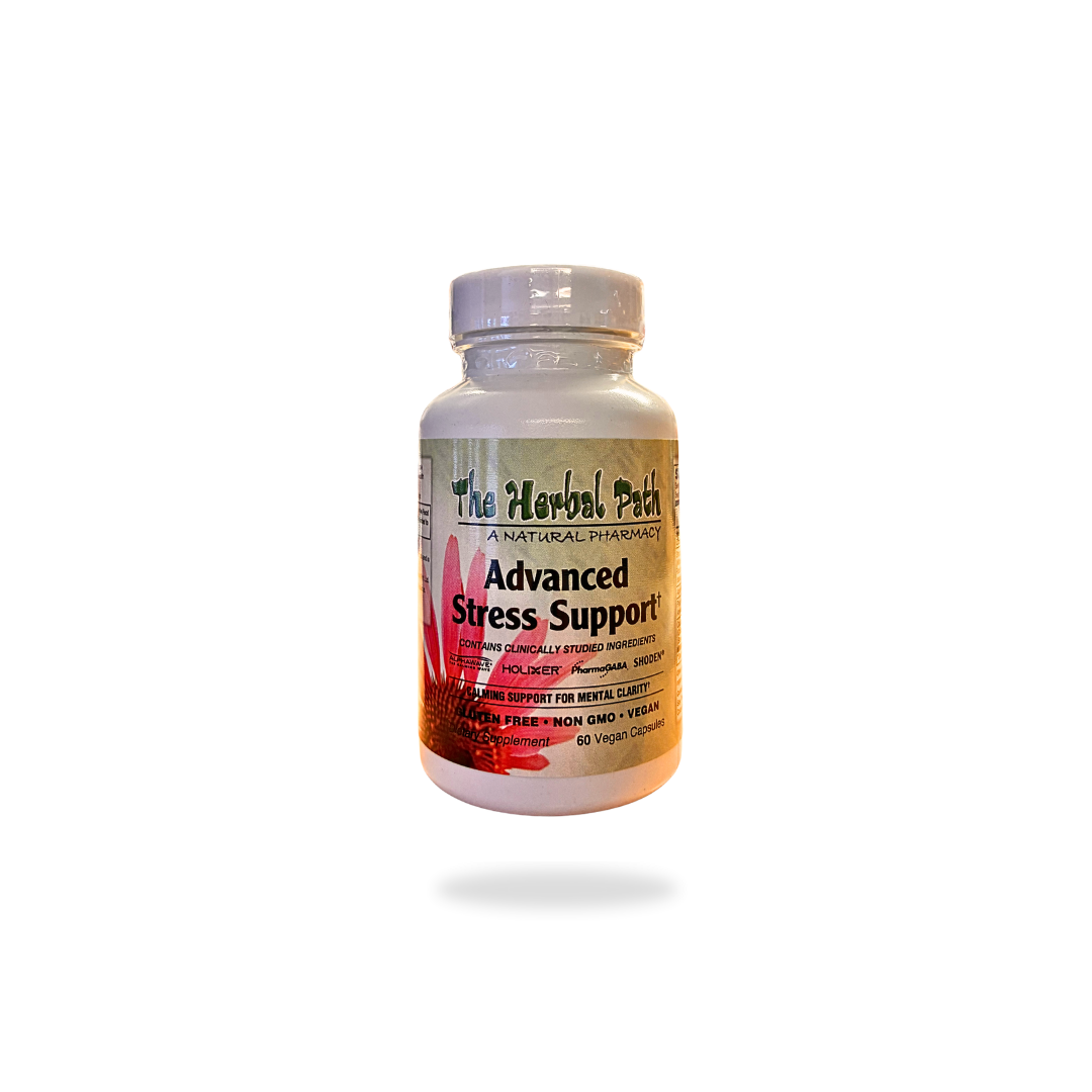 Bottle of 'Advanced Stress Support' by The Herbal Path on a white background