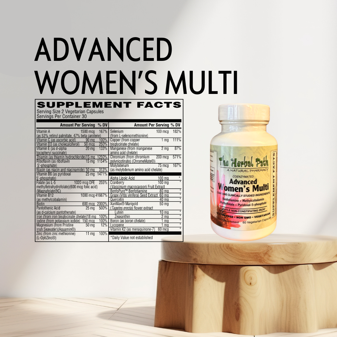 Supplement bottle labeled 'Advanced Women's Multi' on a wooden stand with supplement facts label.