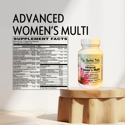Supplement bottle labeled 'Advanced Women's Multi' on a wooden stand with supplement facts label.