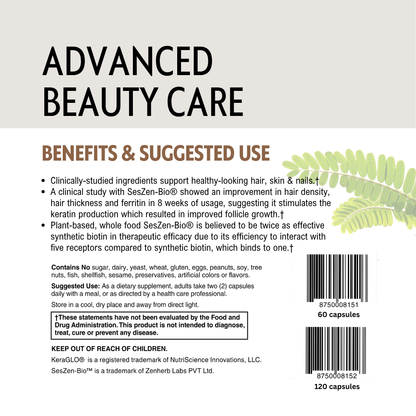 Back of a supplement package with text on advanced beauty care, benefits, and suggested use.