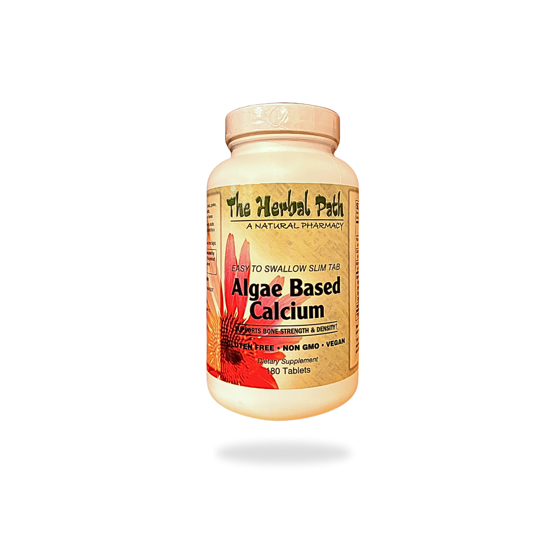 Bottle of 'Algae Based Calcium' supplement from 'The Herbal Path' on a white background.
