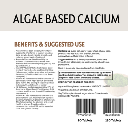 Back of a supplement package with text about algae-based calcium, benefits, and suggested use.