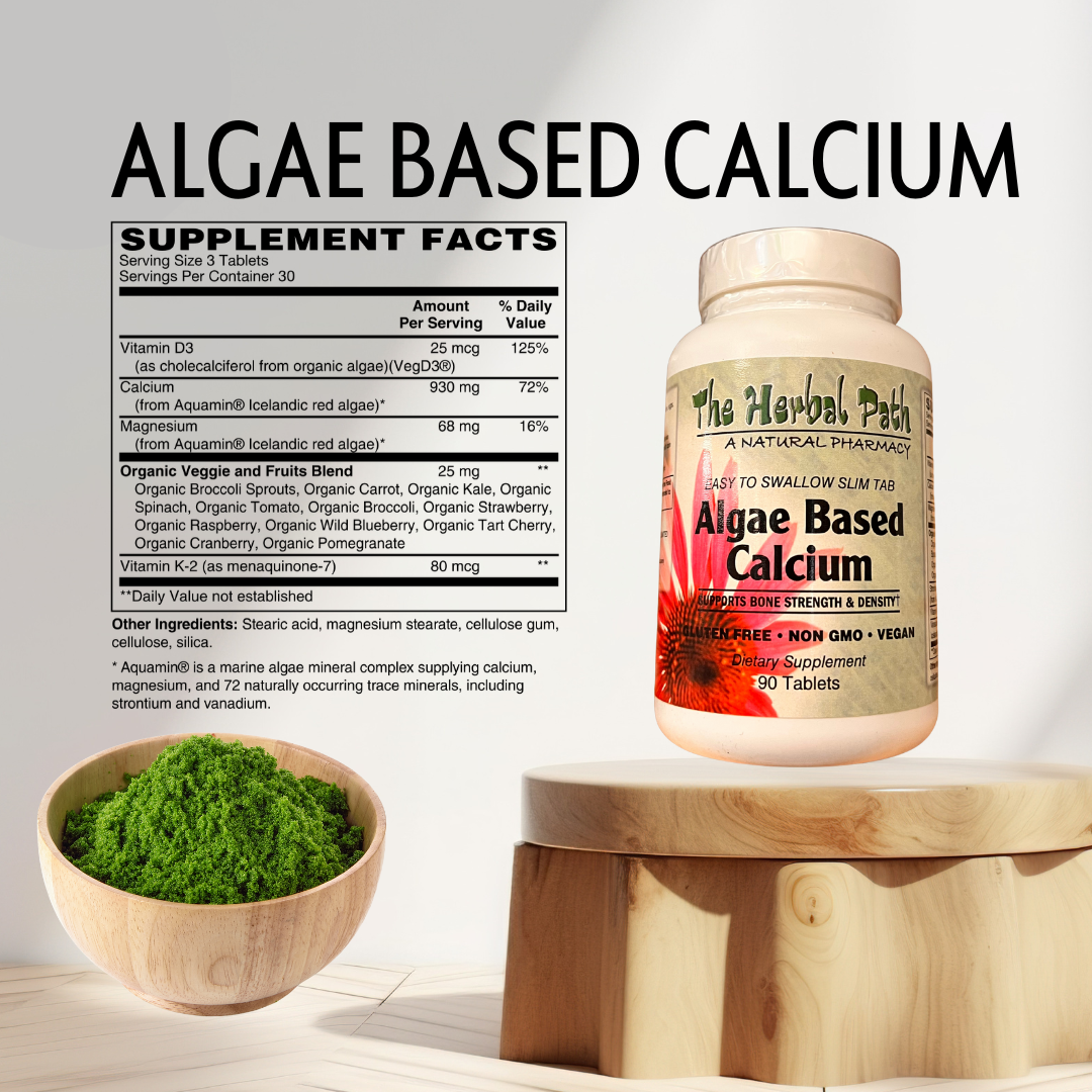 Supplement bottle labeled 'Algae Based Calcium' with a bowl of green powder on a wooden surface.