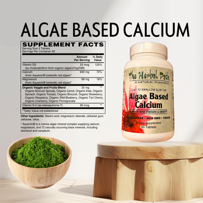 Supplement bottle labeled 'Algae Based Calcium' with a bowl of green powder on a wooden surface.