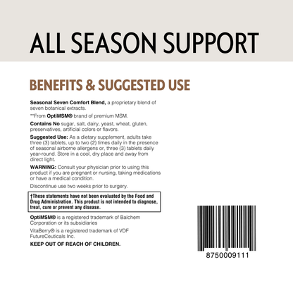 Product label for 'All Season Support' with text and a barcode on a light gray background
