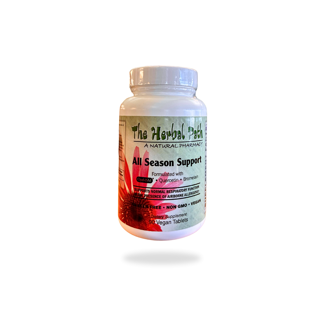 Supplement bottle labeled 'All Season Support' by 'The Herbal Patch' on a white background