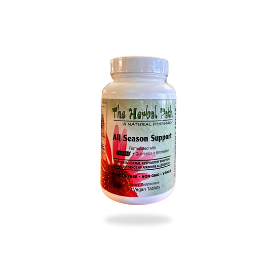 Supplement bottle labeled 'All Season Support' by 'The Herbal Patch' on a white background