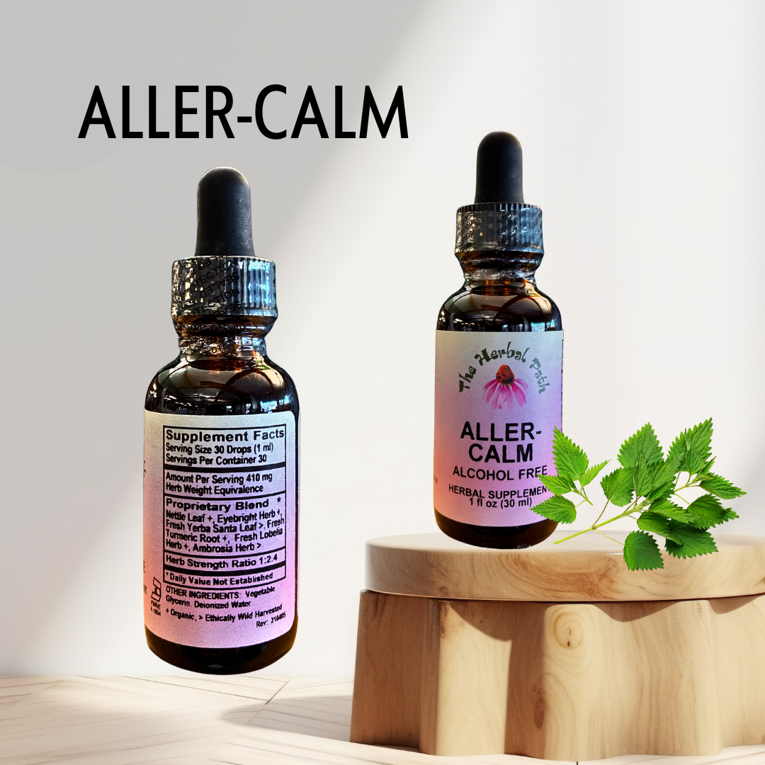 Two bottles of 'ALLER-CALM' supplement on a wooden stand with a light background