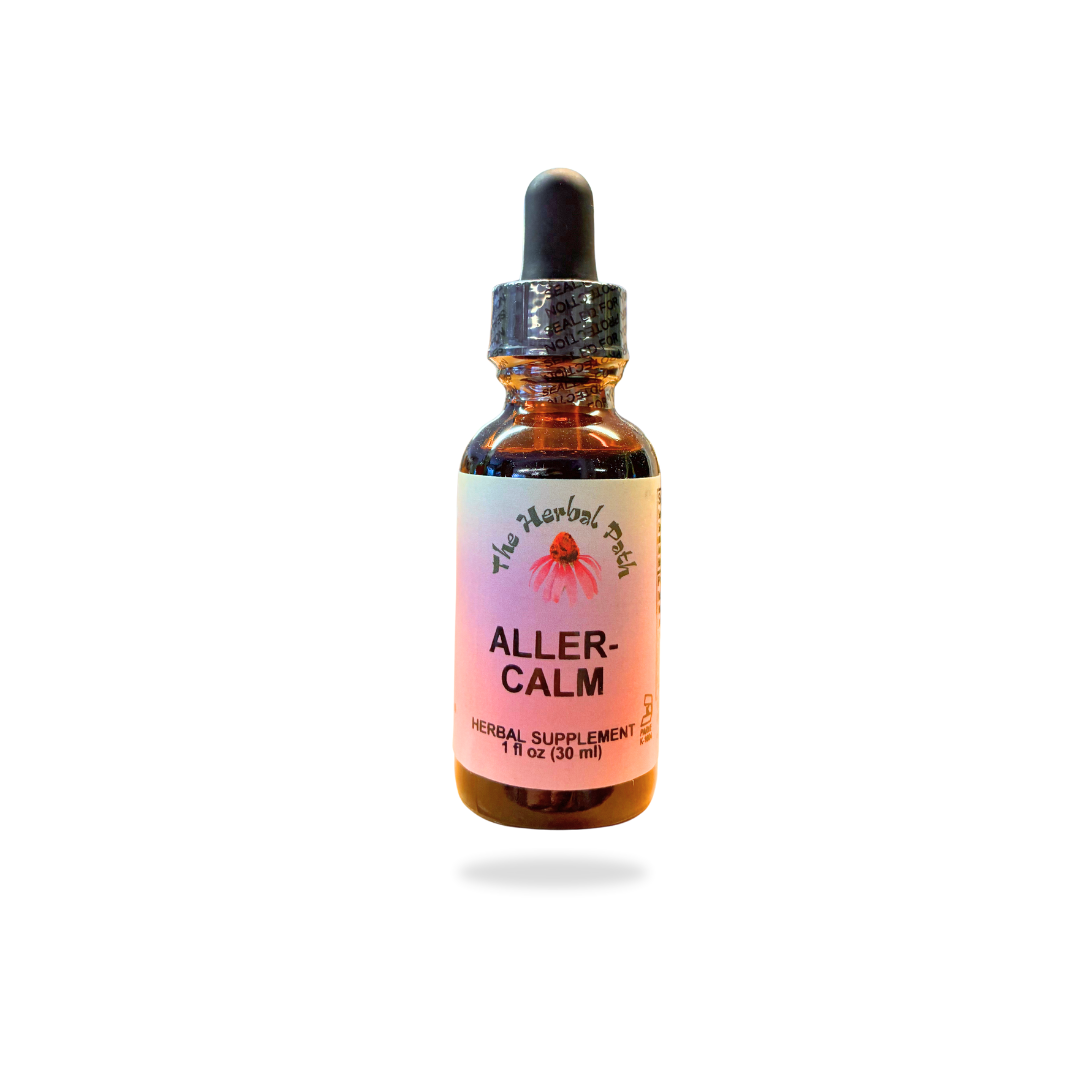 Bottle of Aller-Calm herbal supplement with a colorful label on a white background