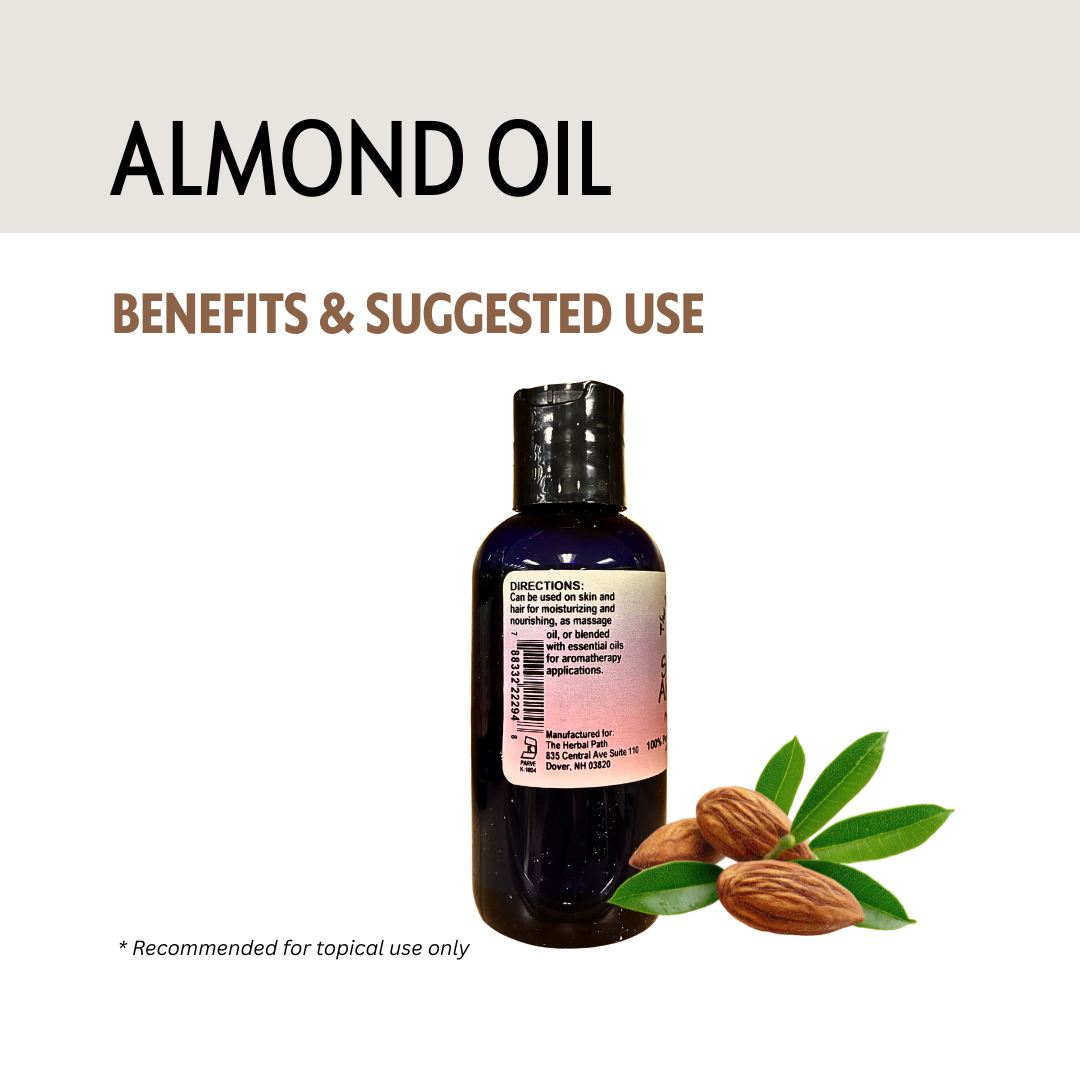 100% pure sweet almond oil by The Herbal Path Vitality Works. 4 ounces. Directions for use and barcode.