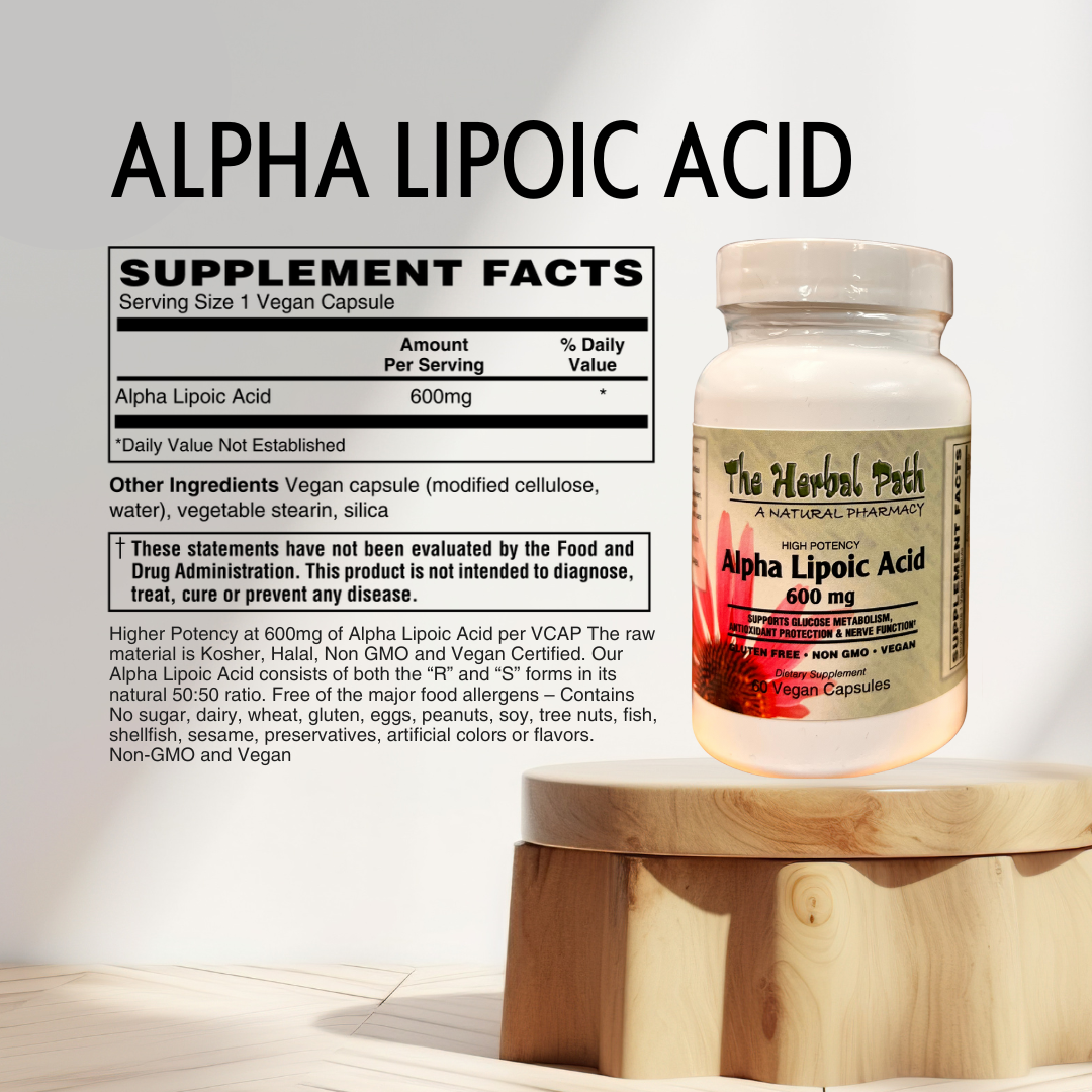 Supplement bottle labeled 'Alpha Lipoic Acid' on a wooden stand with supplement facts label.