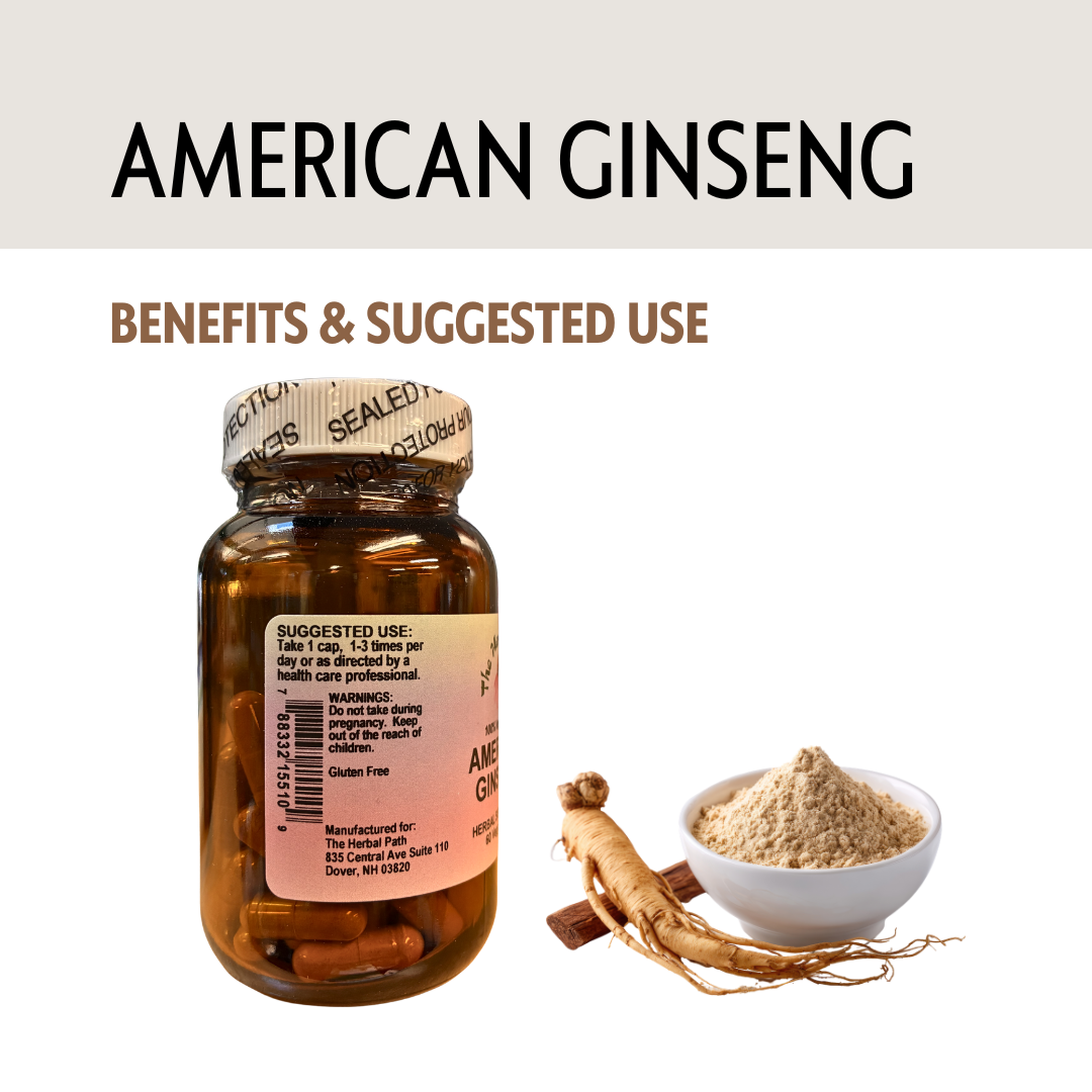 American Ginseng bottle with ginseng root, powder, and packaging on a white background