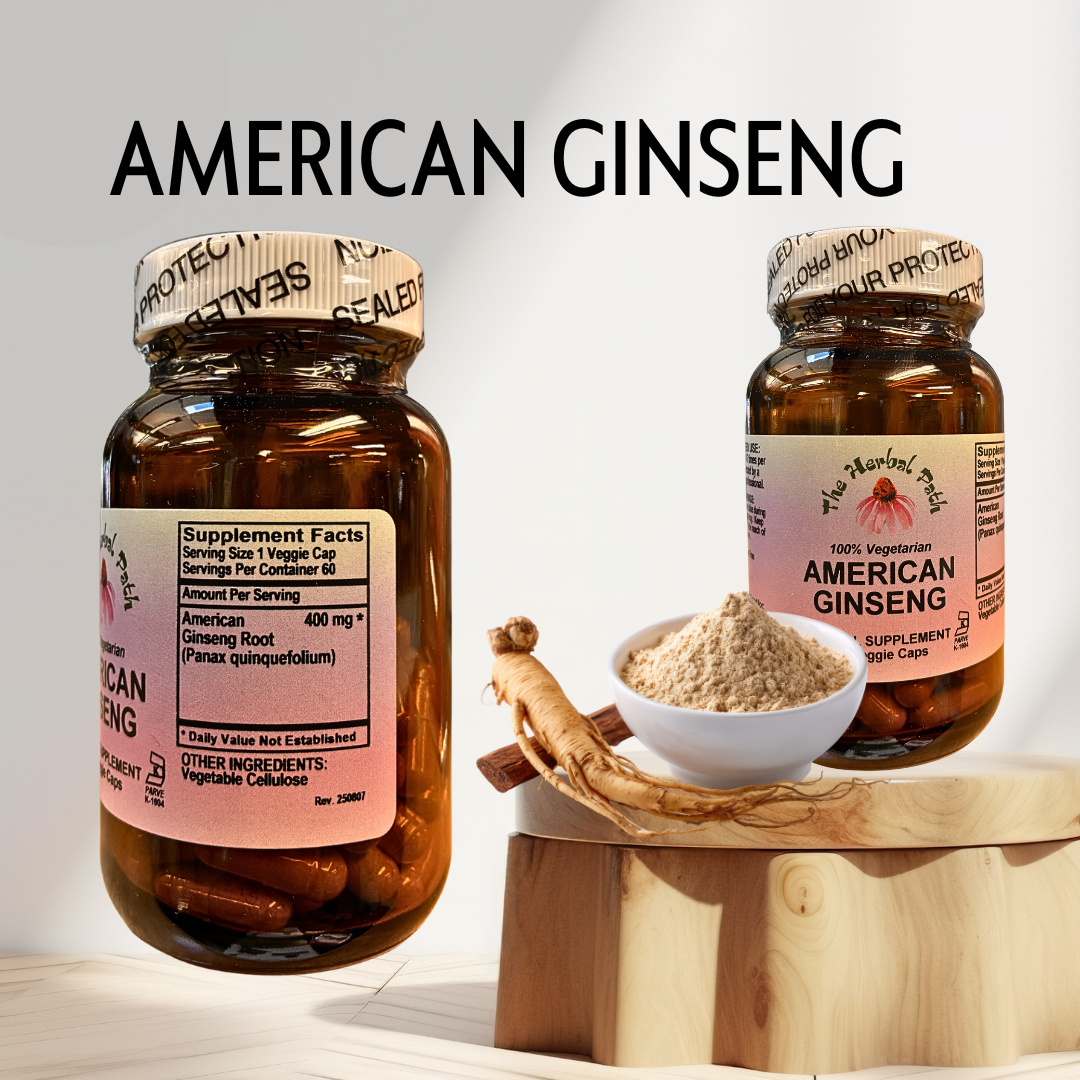 Two bottles of American Ginseng with a bowl of powder and root on a wooden block.