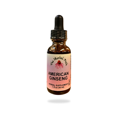 Bottle of American Ginseng supplement with dropper on a white background