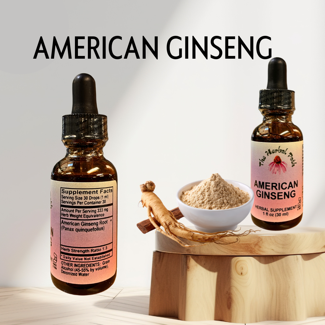 Two bottles of American Ginseng with a bowl of powder on a wooden block against a light background.
